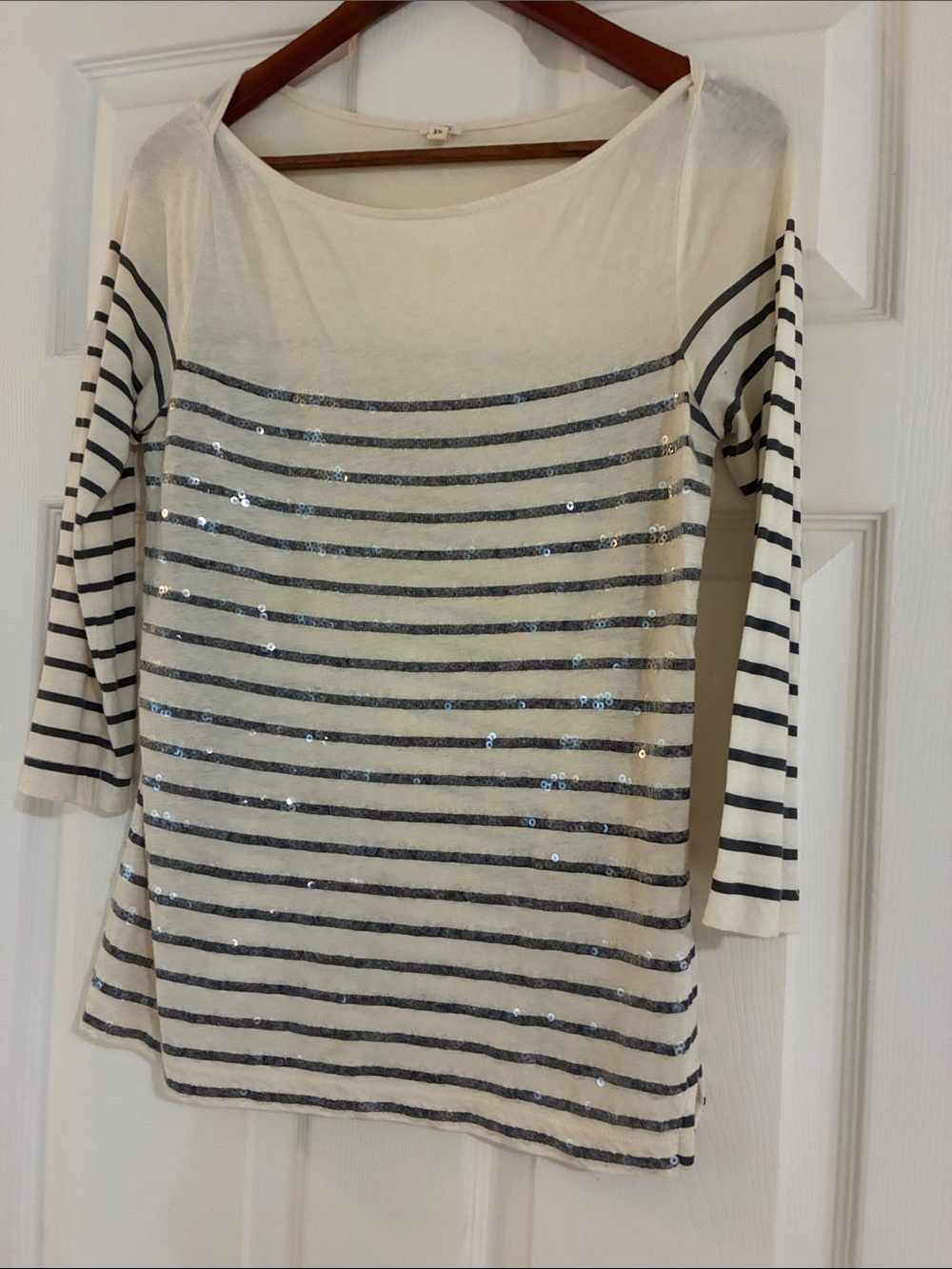 J. Crew Cream and Navy Striped Sequin Boatneck Top